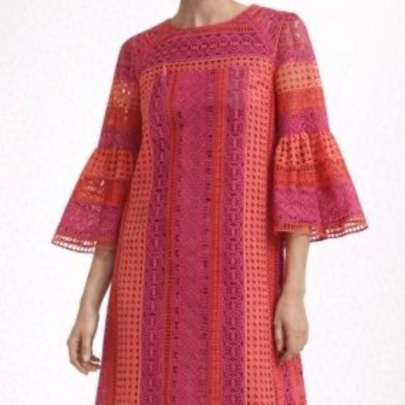 Trina Turk Dresses & Skirts - Trina Turk Pink and Orange Crochet A-Line Dress with Bell Sleeves
